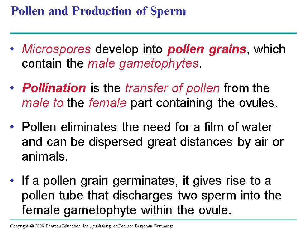 Pollen and Production of Sperm Microspores develop into pollen grains, which contain the male